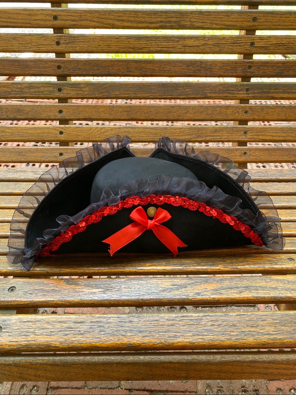 Tricorn snap brim pirate hat costume cap black felt red ribbon and bows - Picture 3 of 9